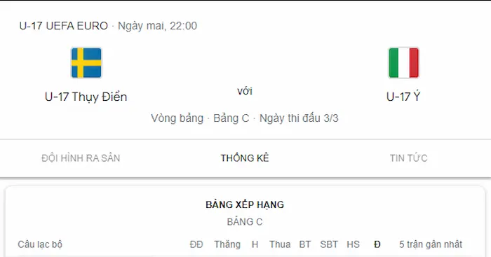 Kết quả dự đoán U17 Thụy Điển vs U17 Ý